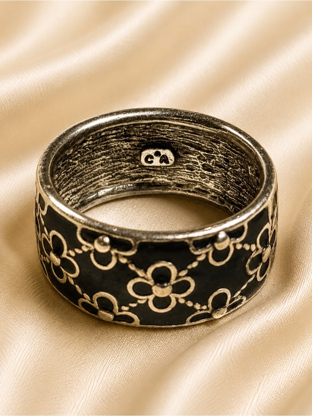 Charles Addison Sterling Silver Black Enamel Floral Wide Band Ring Sz 7